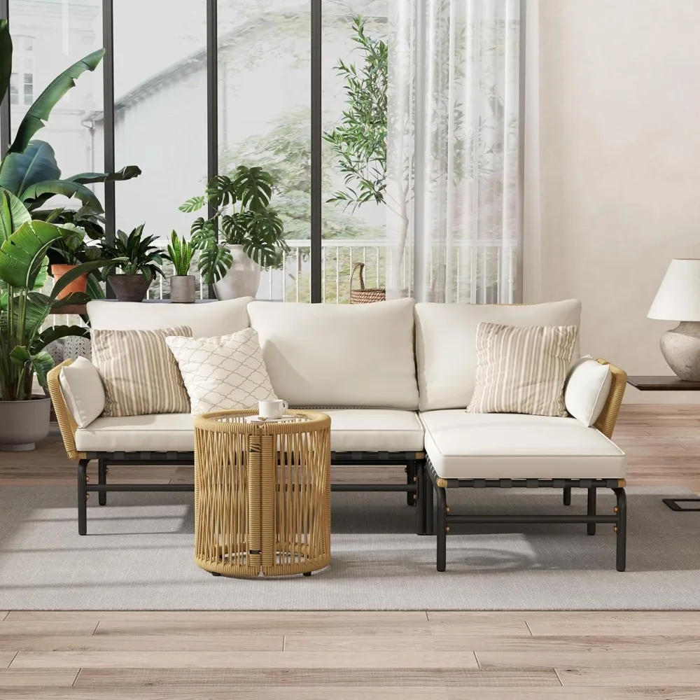 

3 Pieces L-Shaped Conversation Sofa Set, Outdoor Patio Furniture Set w/Detachable Lounger, Thick Cushions, Customized