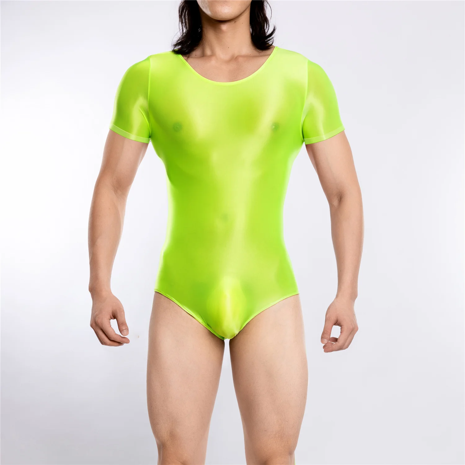 Sexy Men Stain Smooth High Cut Bodysuit Oil Glossy Shiny Elastic Dance Maid Tights Yoga Top Shapping Leotard One Pieces T-shirt