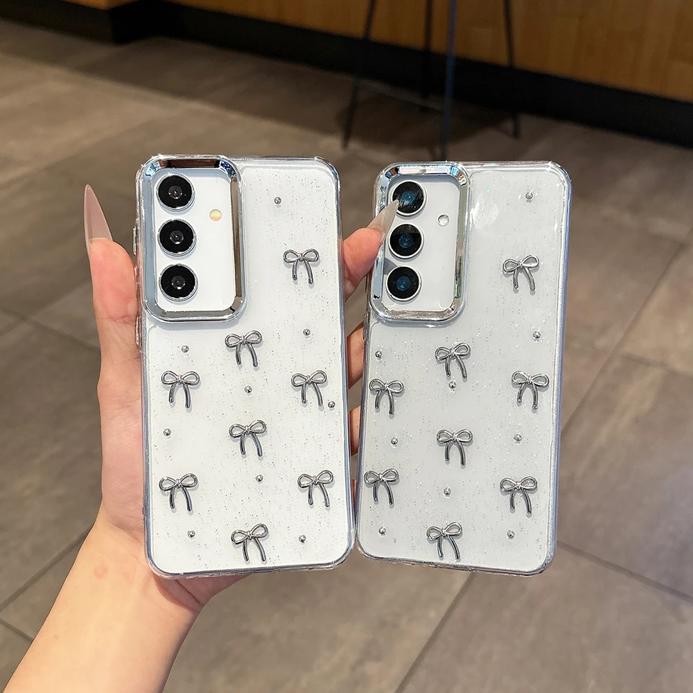 Niedliche 3D-Handyhülle mit silbriger Schleife für Samsung Galaxy A16 A25 A35 A56 A55 A54 A05S, weiche, stoßfeste, transparente Abdeckung, Epoxidharz-Hülle – Detail 1