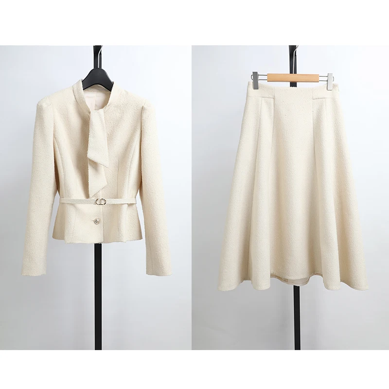 Conjunto de Ropa de Mujer para Primavera, Chaqueta Corta de Lana con Cintura Ajustada y Minifalda en Línea A, por Awei Fashion