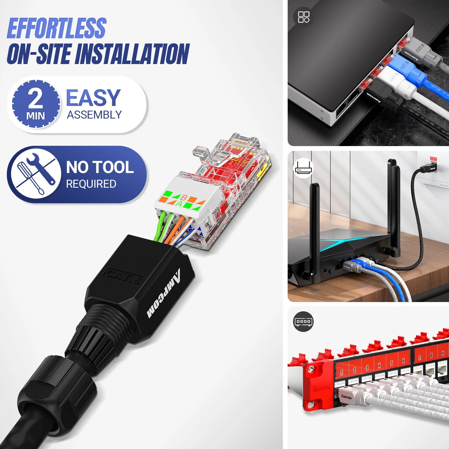 AMPCOM Conector RJ45 sin herramientas, sin herramienta de engarzado, menos enchufe Modular UTP 1000Mbps CAT6 CAT5E para cable Ethernet Lan sólido