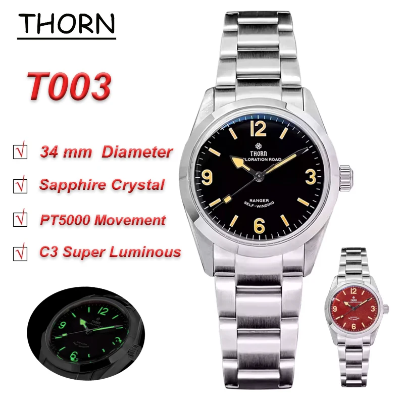 THORN 34mm Automatic Mechanical Watch T003 PT5000 Movement Sapphire Crystal C3 Green Super Luminous Tribute Vintage Wristwatches