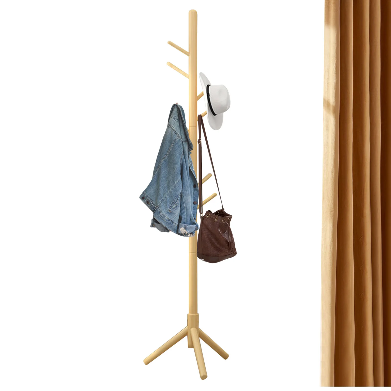 Floor Standing Wooden Clothes Rack, Clothing Tree Stand com 8 Ganchos, Saco Criativo e Cachecol Rack, Cabide