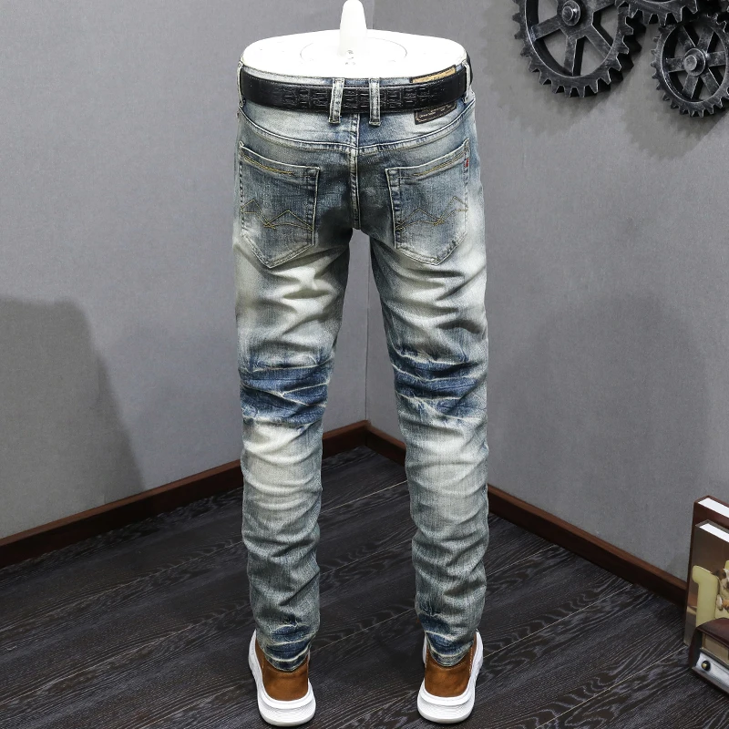 Italian Style Fashion Men Jeans Retro Washed Elastic Stretch Slim Ripped Jeans Men Trousers Vintage Designer Denim Pants Hombre