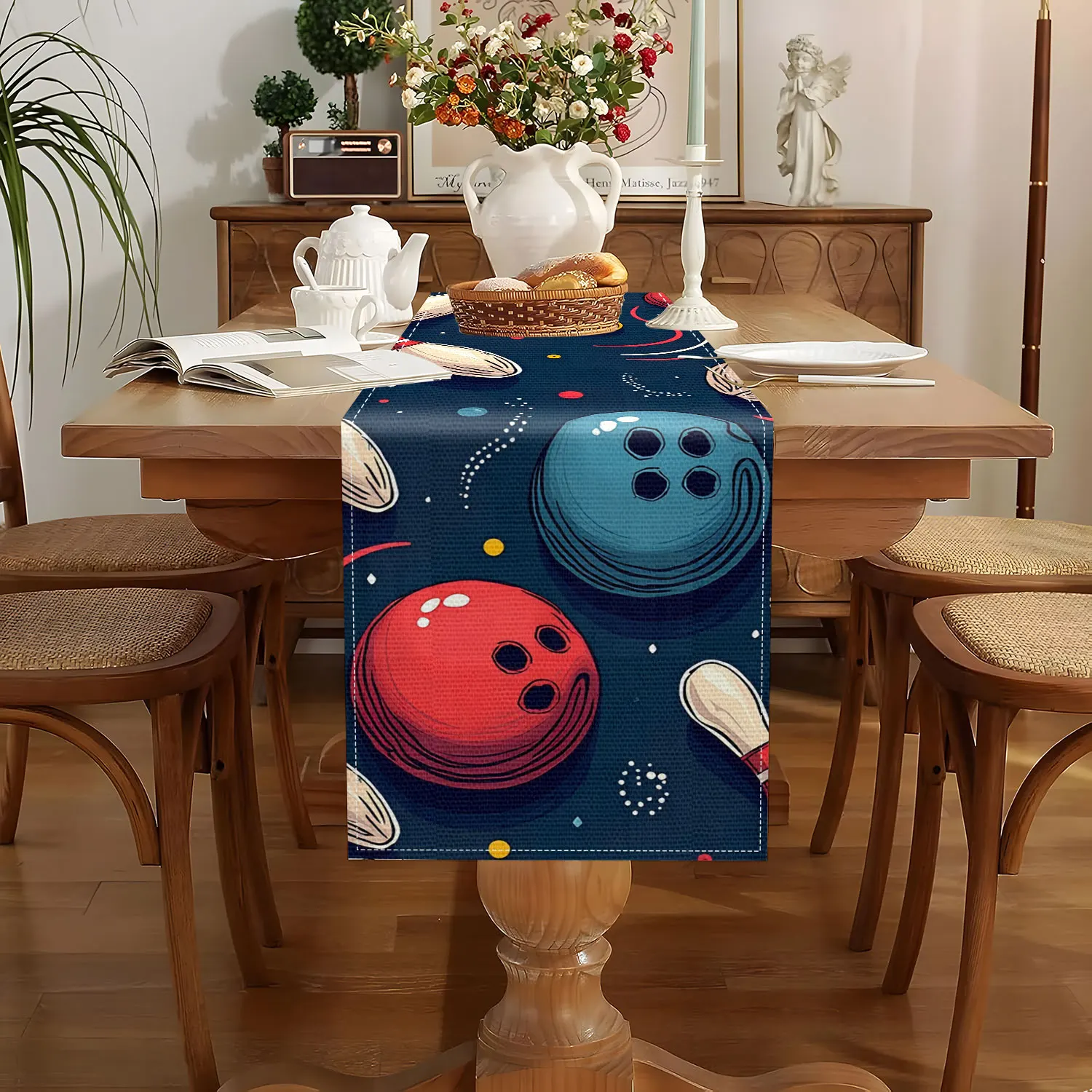 1Pc Bowling Theme Table Runner - Colorful Bowling with Pins Pattern - Suitable for Bowling Alley Decoration, Sports Theme Party, Family Recreation Area Arrangement, Sports Fan Dining Table, Sports Theme Restaurant, Friends Sports Theme Party
