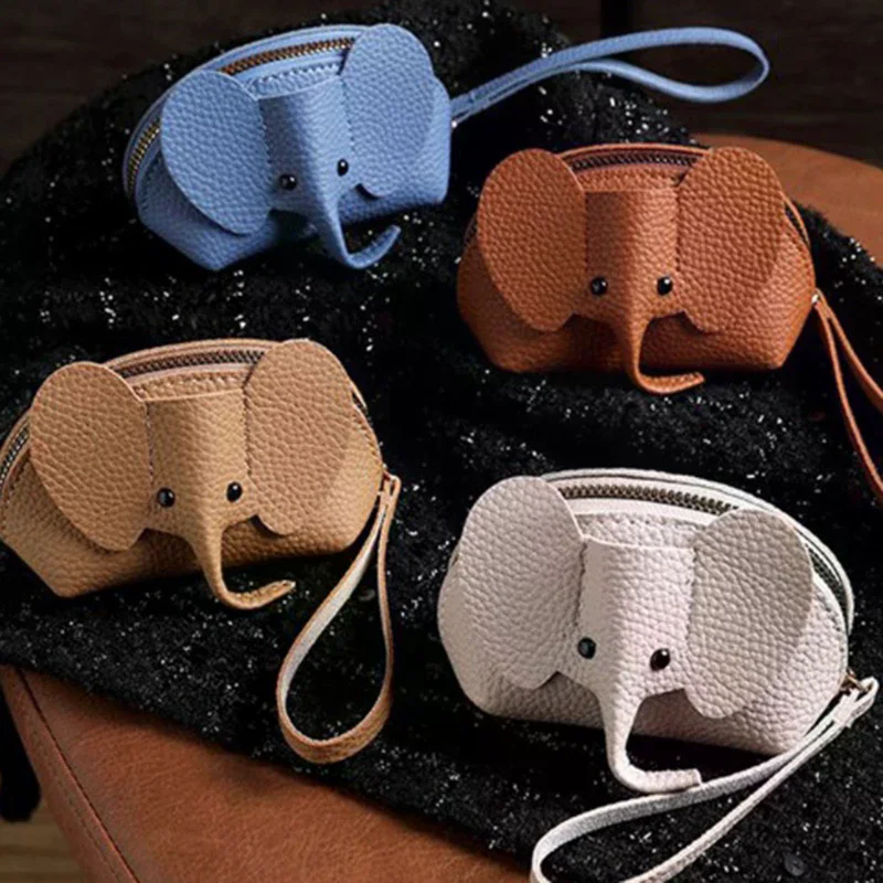 Multifunctional PU Leather Coin Purse for Women; Elephant Patterned Money Bag with Key Ring Zipper Storage
