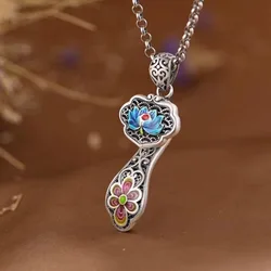 silver 925 Ruyi Lotus flower Pendant for Women Ethnic Style Colorful Enamel Craft Necklaces Classic and Exquisite Jewelry