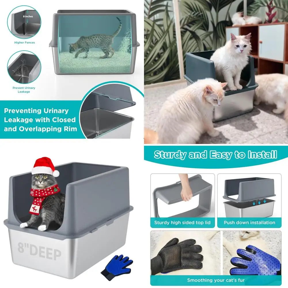 

Extra Large Stainless Steel Litter Box with Lid for Large Indoor Cats, Anti-Leakage, 23.5 x 15.5 x 16