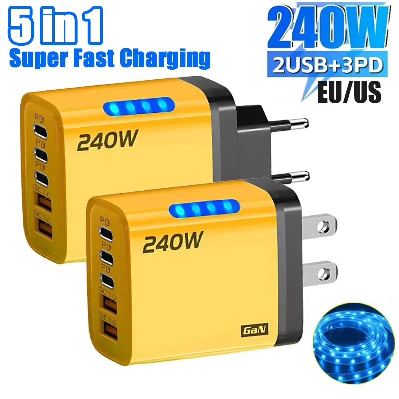 5 في 1 GaN شاحن سطح المكتب 240 واط محول الشحن السريع 10A USB إلى TypeC كابل 3PD 2 SB شاحن آيفون 16 15pro محمول سامسونج