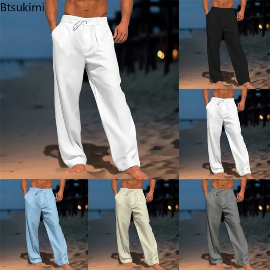 Summer Solid Cotton Linen Beach Pants Men's Fashion Loose Breathable Casual Straight Pants Simple Basic Drawstring Trousers Male
