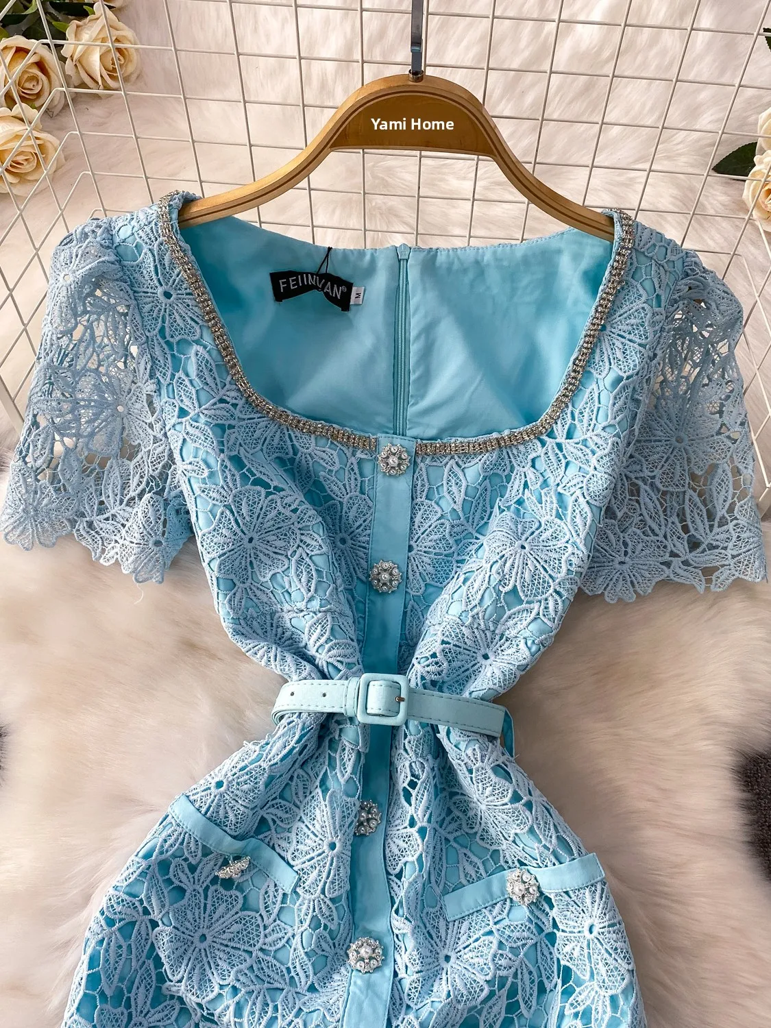 Ele Diamond Embellied Lace Dr Women's Summer High Waist ort Sve Ele Ball Gown Sle Dres