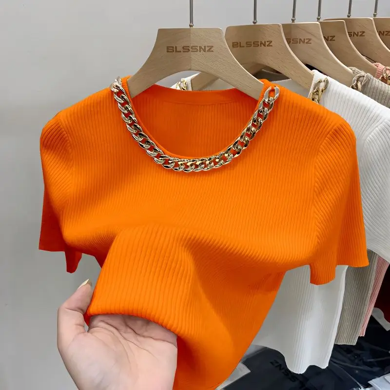 Neploe High End Short Sleeve Knitted T-Shirt 2024 Summer French Office Lady Style Westernized Tops Femme Chic Chain Neck Tees