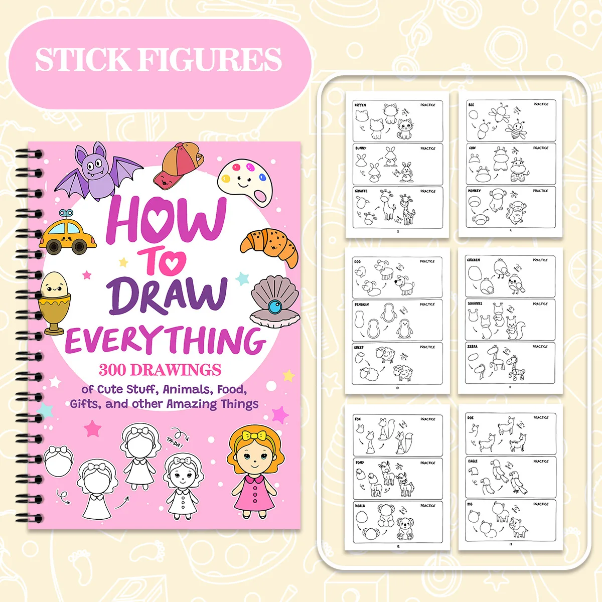 Stick Figures Drawing Book 300+ How to Draw Everything Cute Stuff Animals Food Step by Step Guide Gift