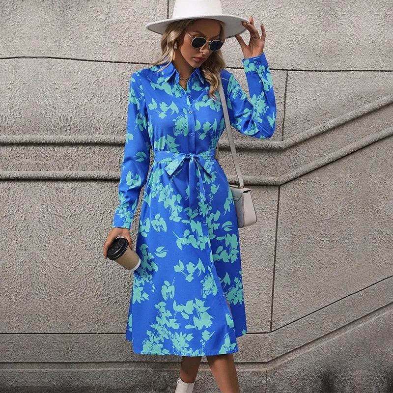 

Women's Floral Printed Shirt Dress Cuffed Long Sleeve Turn-down Collar Button Up Tie Comfort Fit Holiday Casual