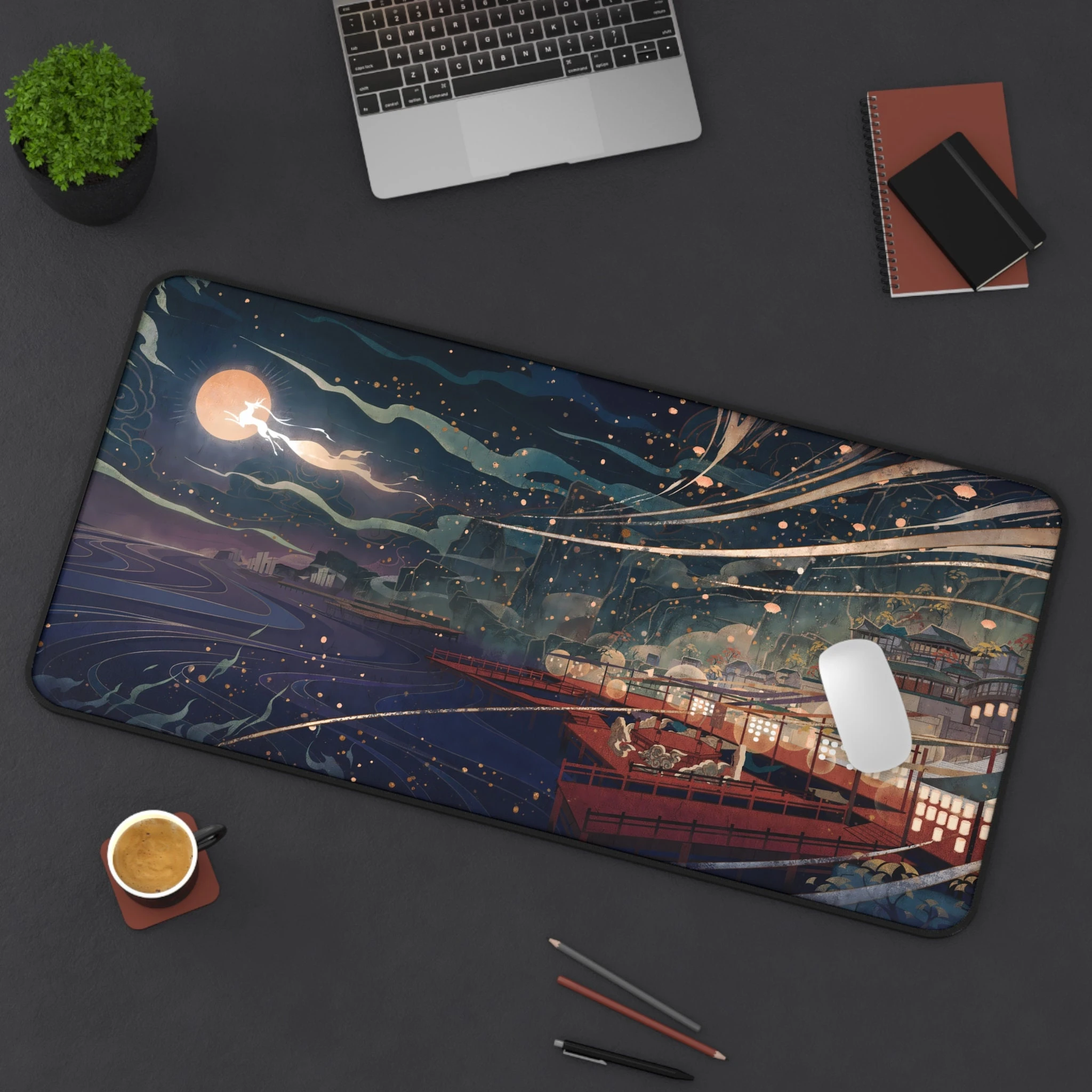 Bright Moon Night Sky of Liyue Port Mouse Pad Large Desk Mats Gaming Computer Mat Mousepad Desk Interior Mouse Mats Game Office