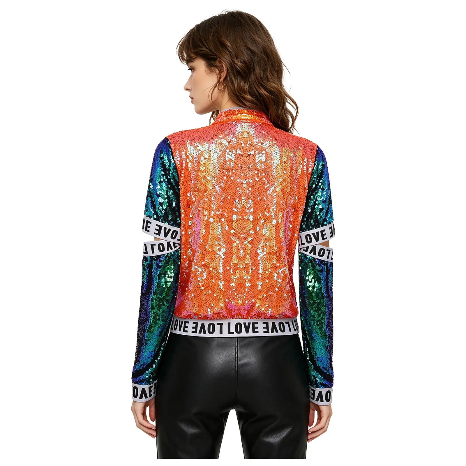 Womens Jazz Hip Hop Dance Glittery Sequin Baseball Jackets Cutout Long Sleeve Zipper Fully Lining Coat Music Festival Streetwear