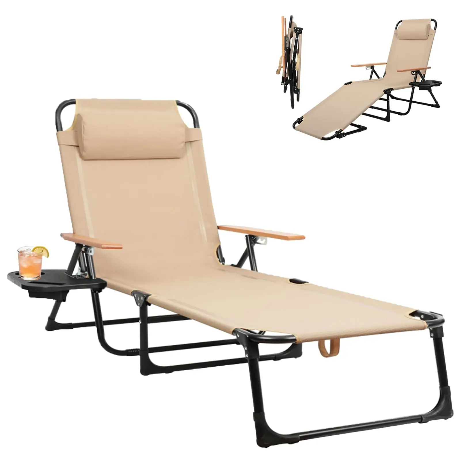 Foldable Lounge Chair, 4-Position Adjustable Outdoor Folding Lounge Chair with Cup Holders and Trays, Sunbathing Chair
