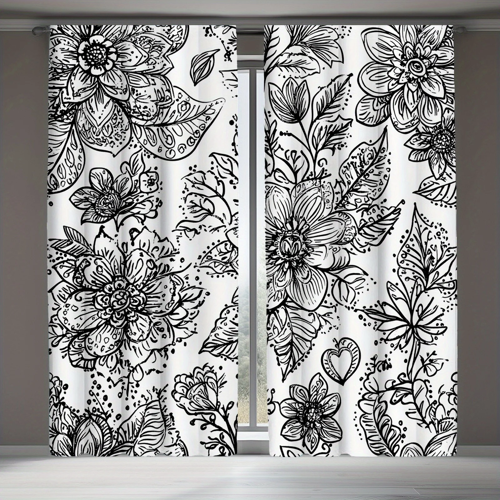 2 Pieces Floral Graffiti Pattern Curtains, Polyester Fabric, Machine Washable, Suitable for Bedroom Living Room Decoration