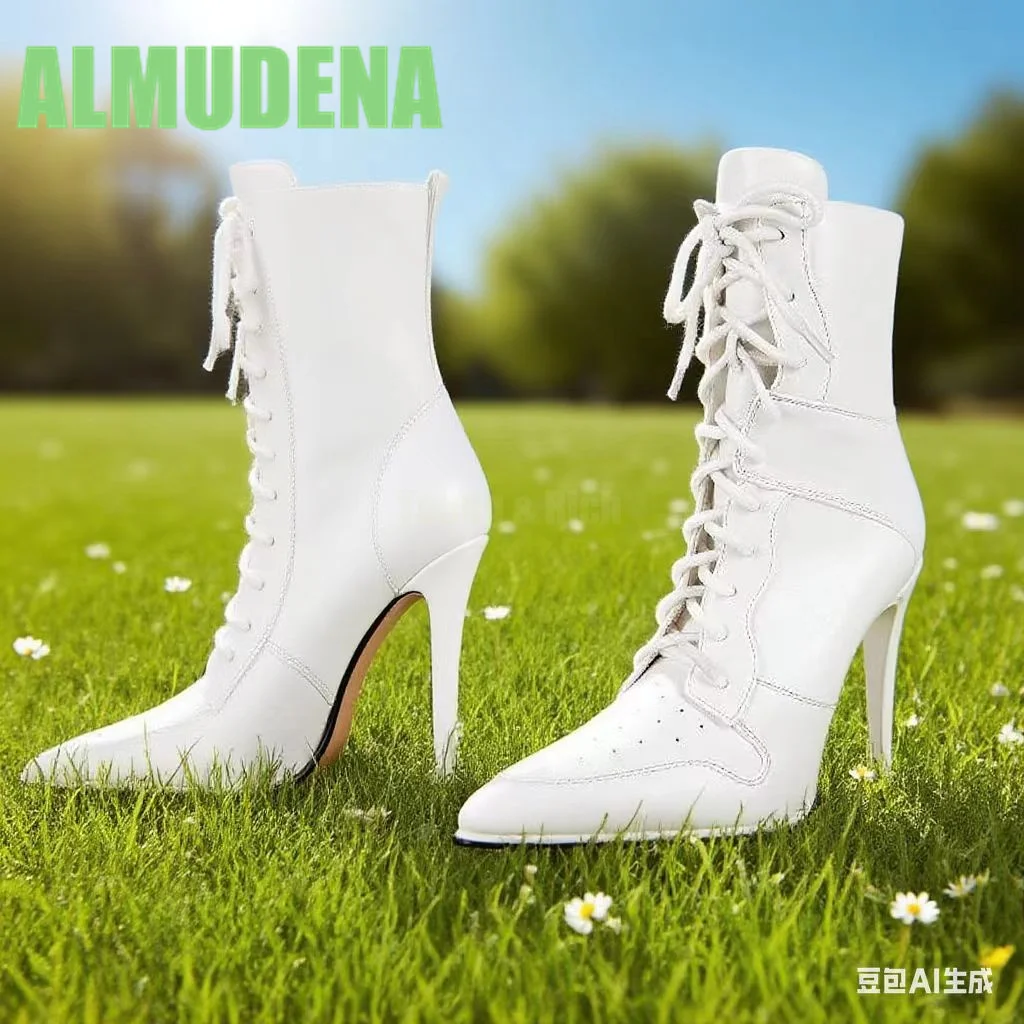 

Front Lace Up Sports Style Short Boots Stylish Sexy Pointed White Leather Patchwork Design British Style Slim High Heels