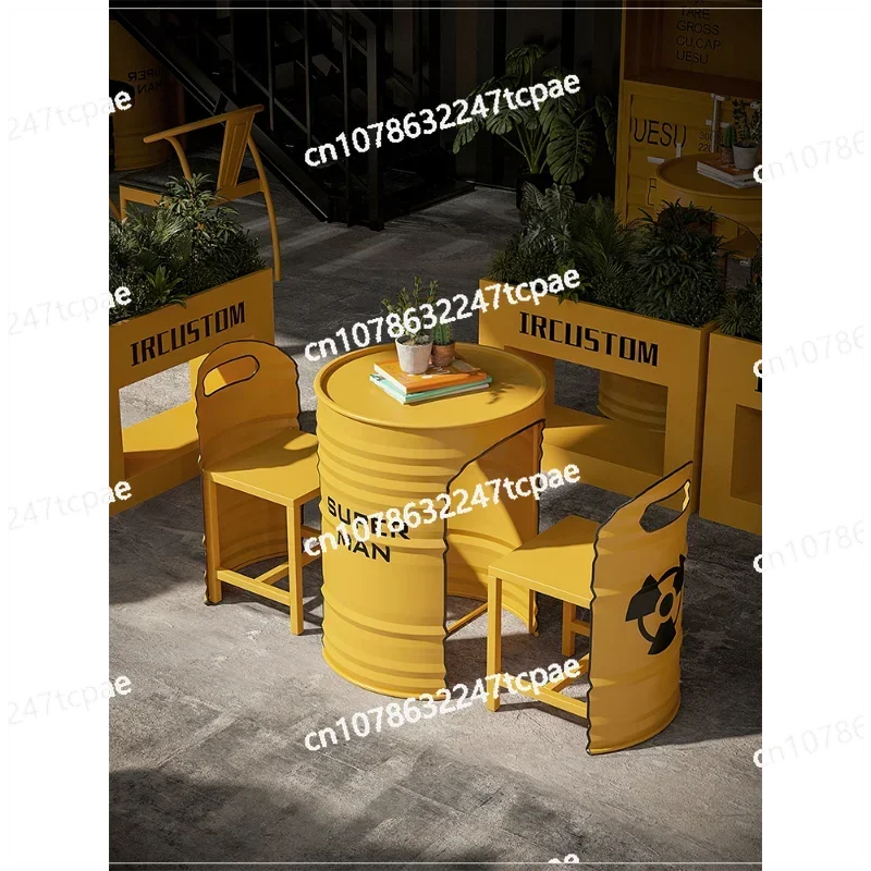 

Outdoor table and chair combination industrial style barbecue coffee shop wrought iron creative card seat oil drumtable andchair