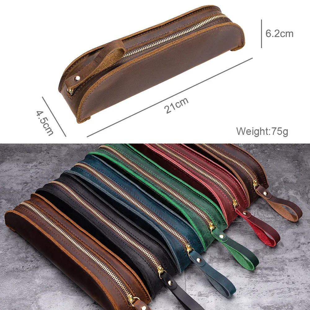 Genuine Leather Pencil Bag Retro Simple Stationery Holder Handmade Pen Case Storage Bag Zipper Pencil Pouch School Supplies