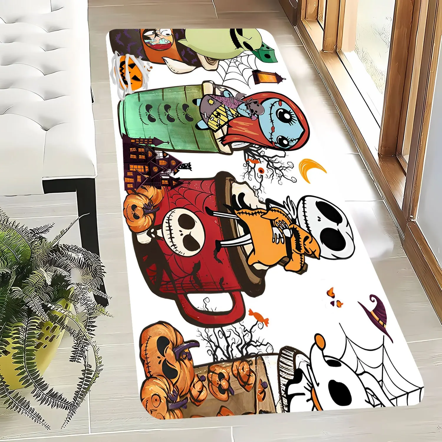 Felpudo temático "El pesadilla antes de Navidad". | Estera de poliéster de franela antideslizante | Diseño de dibujos animados multicolor | 12 mm de espesor