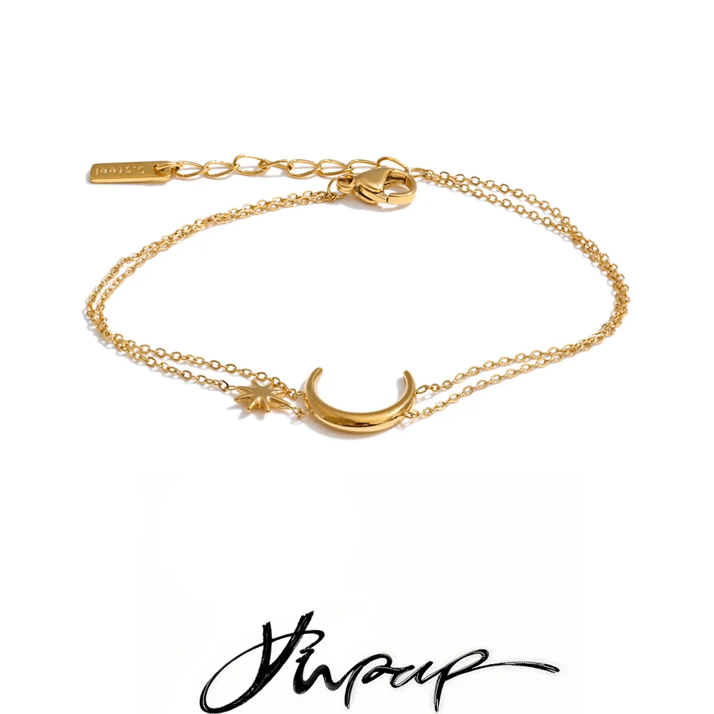Yhpup Stainless Steel Double-Layer Chain Sun Moon Bracelet Bangle for Women Summer Waterproof Fashion Wrist Jewelry Wholesale