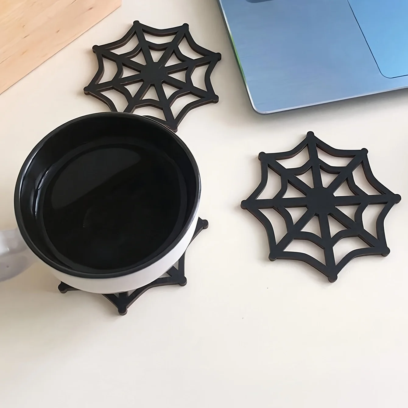 Picture 5: 1pcs Halloween Spider Web WoodenCoasters, Creative Hollow Tabletop Decor, Black Coaster Cup Mat Pad Trivet Mats For Party