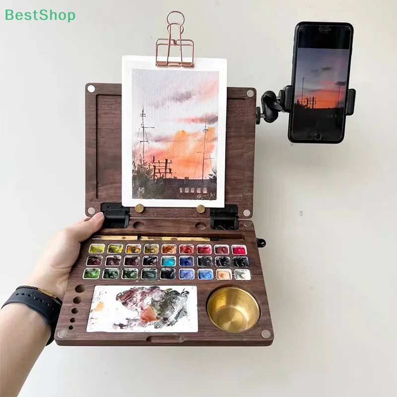 

★★★Multifunctional Oil Color Palette Wooden Foldable Watercolor Pigment Box Outdoor Sketching Travel Watercolor Painting Tool