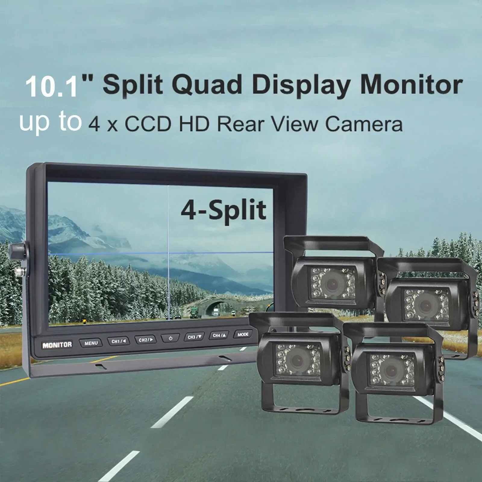 Lastbus 10.1 "شاشة سبليت رباعية الشاشة 12-24 فولت 4PIN كاميرات الرؤية الخلفية العكسية 18 IR LEDs عدة لشاحنة حافلة مقطورة قافلة