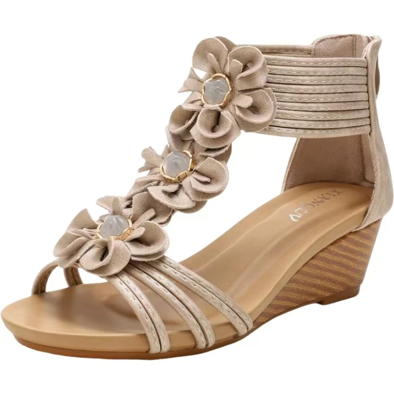 

Women Leather Big Size Flower Wedges Open Toe Sandal Summer New Soft Sole Lightweight Non Slip High Top Cover Heel Modern Sandal