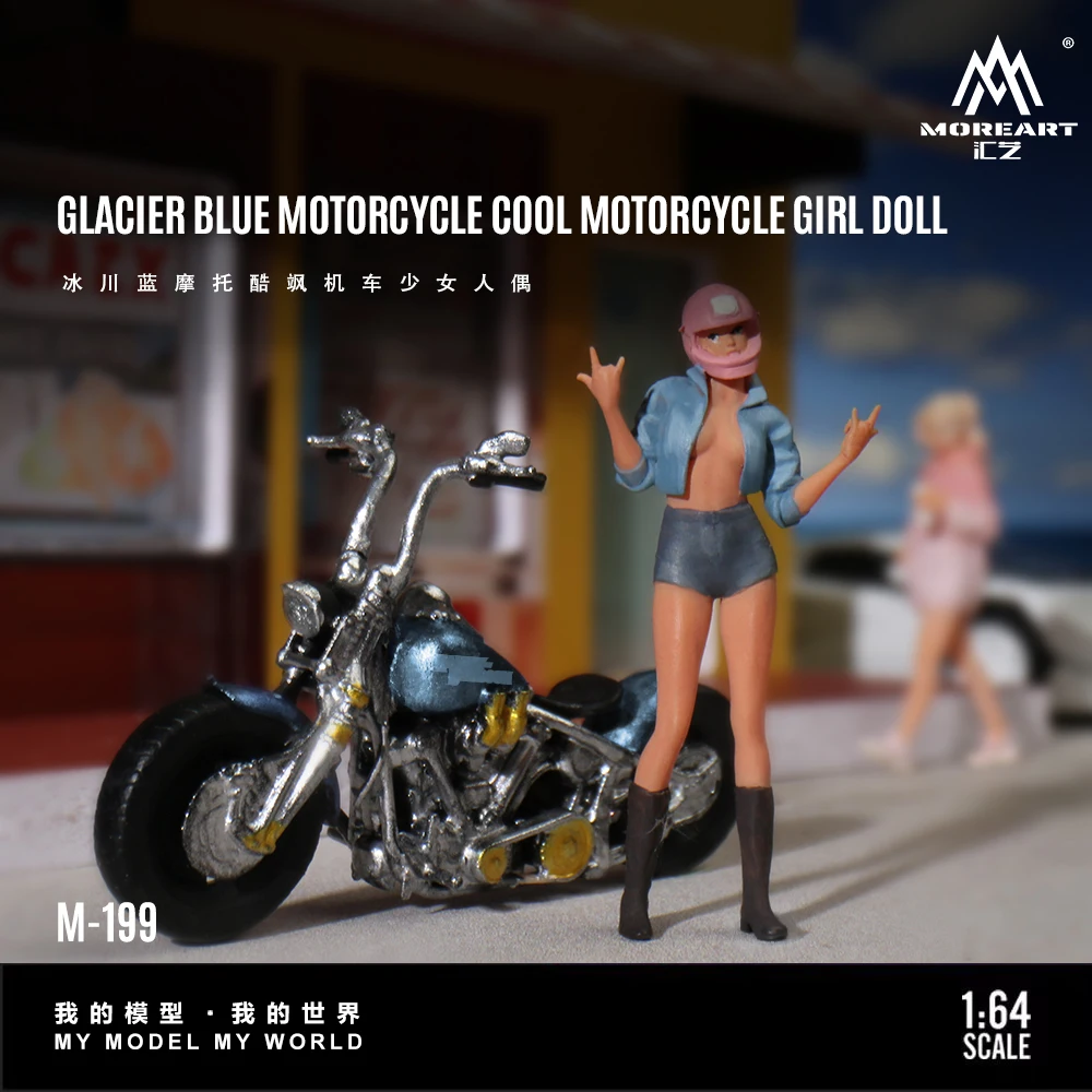 *Pre-Order*MoreArt 1:64 Ice River Blue Motorcycle Cool Girl Figure Resin Model, Miniature Scene Decoration Gift&Display