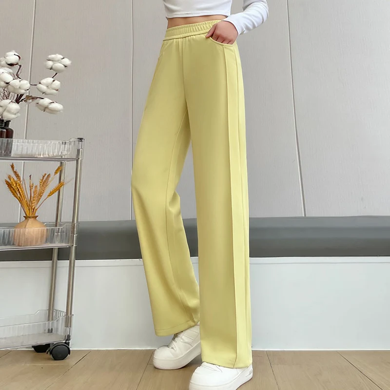 Women's Silk Pants Lady Summer Loose Commuting Straight Leg Pants High Waist Trousers Thin Knitwear Solid Color Bottoming Pant