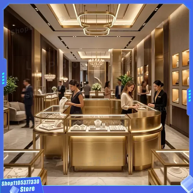 Luxury Jewelry Display Case with LED Lighting and Brushed Gold Frame for Necklace Earring Ring Storage Showcase Box Stand