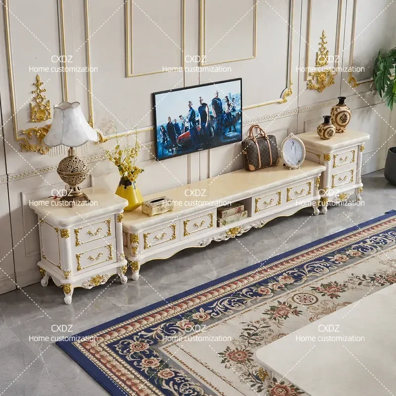 European TV cabinet marble solid wood living room home combination cabinet economical small apartment simple coffee table