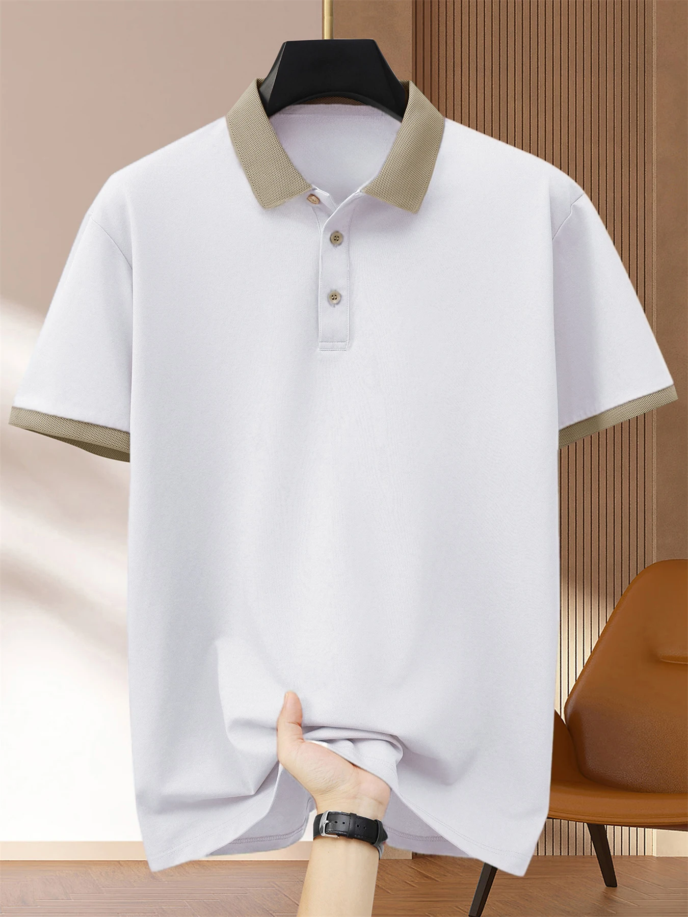 Pop Summer New Men's Casual Polo Shirt Flip Collar Contrast Trim Breathable Front Short Sleeve Top Solid Color Comfortable T-shi