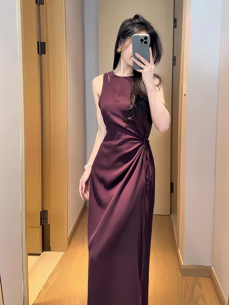 

Stylish Fashionable Sleeveless Belted Slimming Dress Women's Summer New Arrival City Commute Cotton Long Skirt Gown