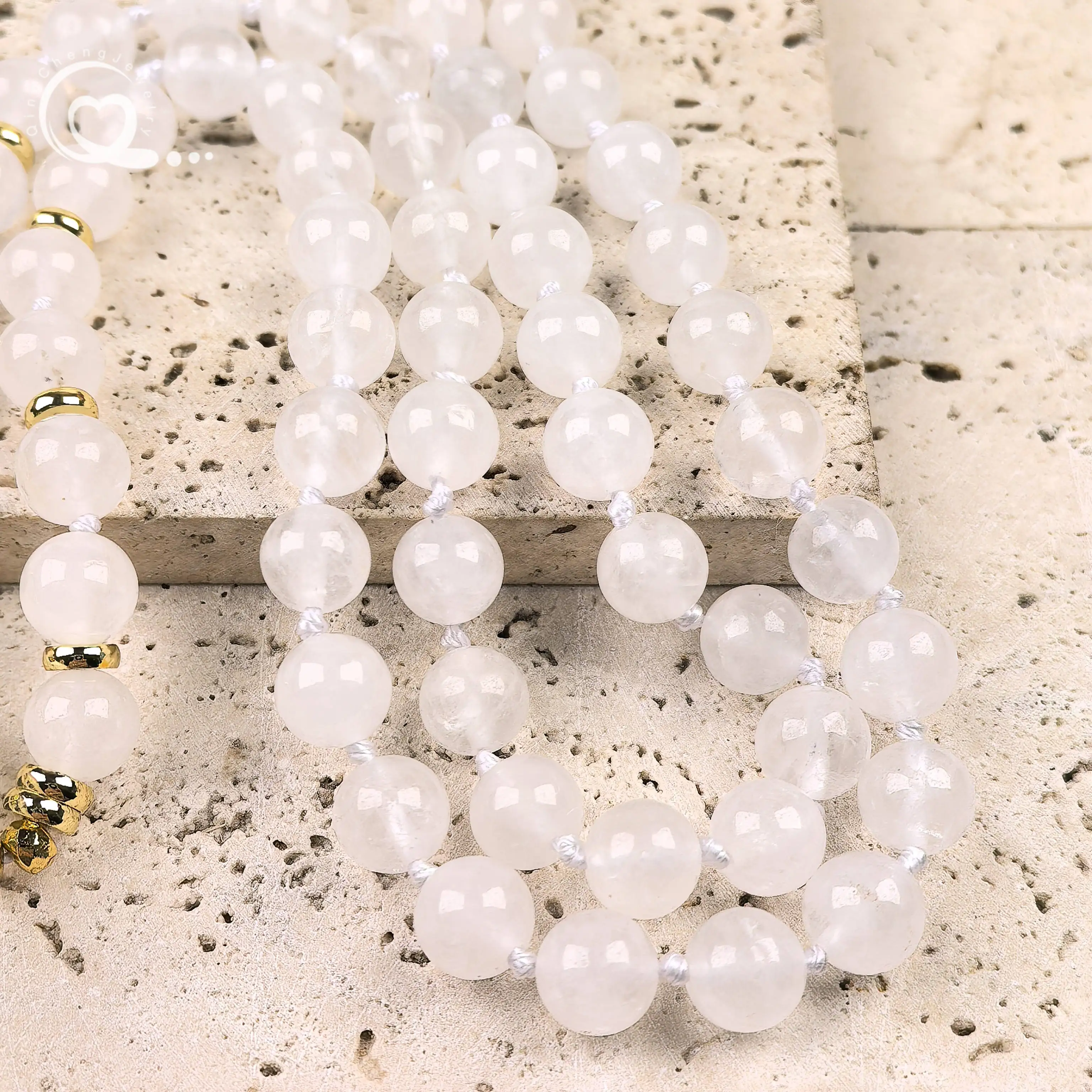 White Quartz Round Beads Chakra Crystal Double Point Pendant Knotted Handmade Yoga Mala Prayer Necklaces Women Jewelry,QC0195