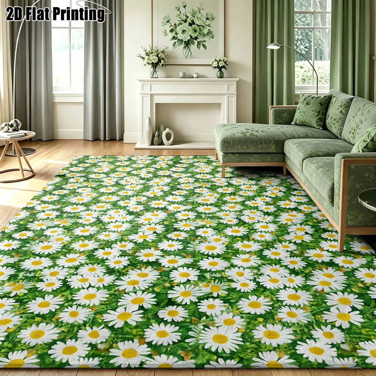 1Pc 2D Printed Daisy Carpet: Nordic, Minimalist, Instagram-Style Floor Mat, Machine Washable, Multi-Size, Home Decor for Entrance, Dining, Bedroom, Living Room