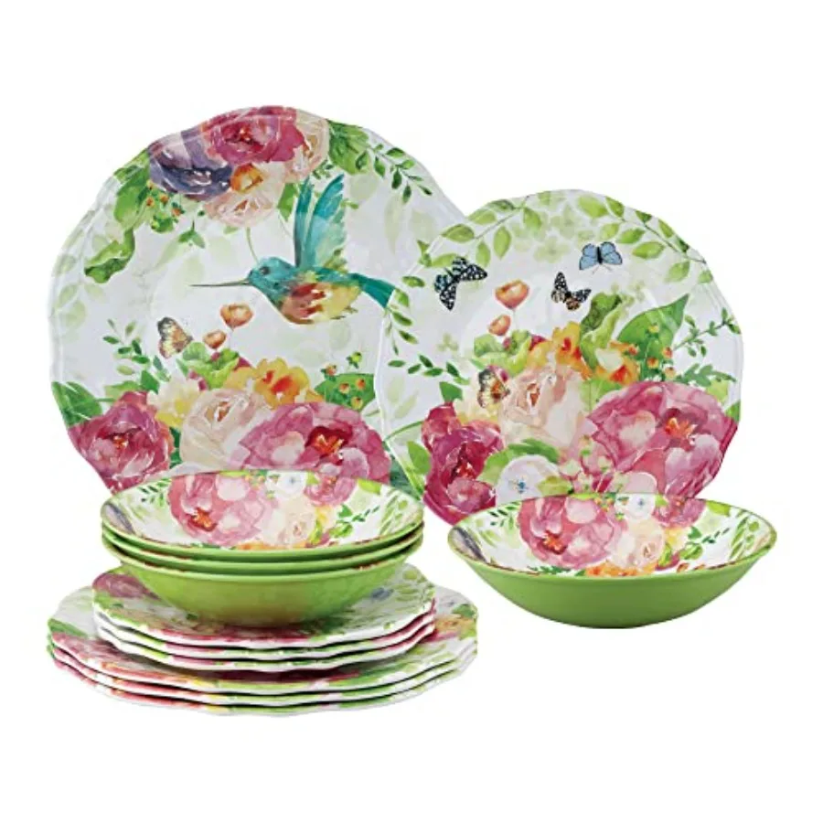 

ware 12 Pcs Melamine Dinnerware Sets Outdoor Dishes Set Plates and Bowls Sets Service for 4 Multicolor