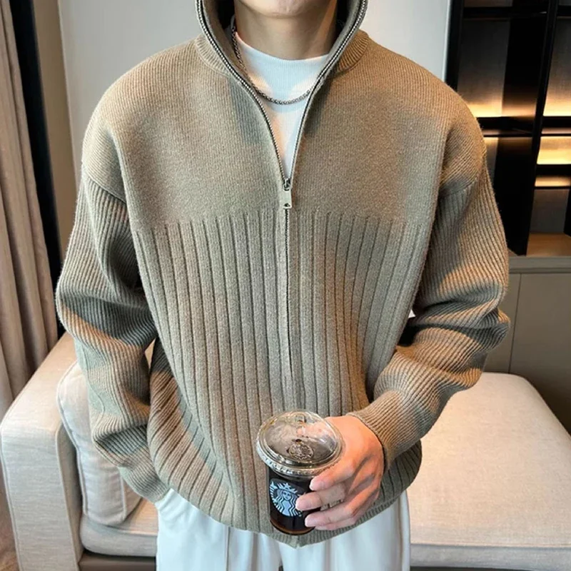 

Зимние мужские повседневные свитера, пальто с длинным рукавом и воротником-стойкой на молнии, вязаный кардиган, топы, мужские винтажные однотонные свитера, куртки