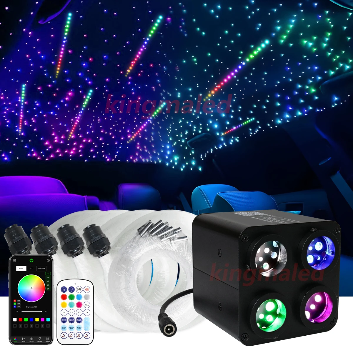 

4Port 36W Twinkle RGBW Meteor Fiber Optic Star Ceiling Light Kit Smart APP Music Controller Car Roof Starry Sky Light