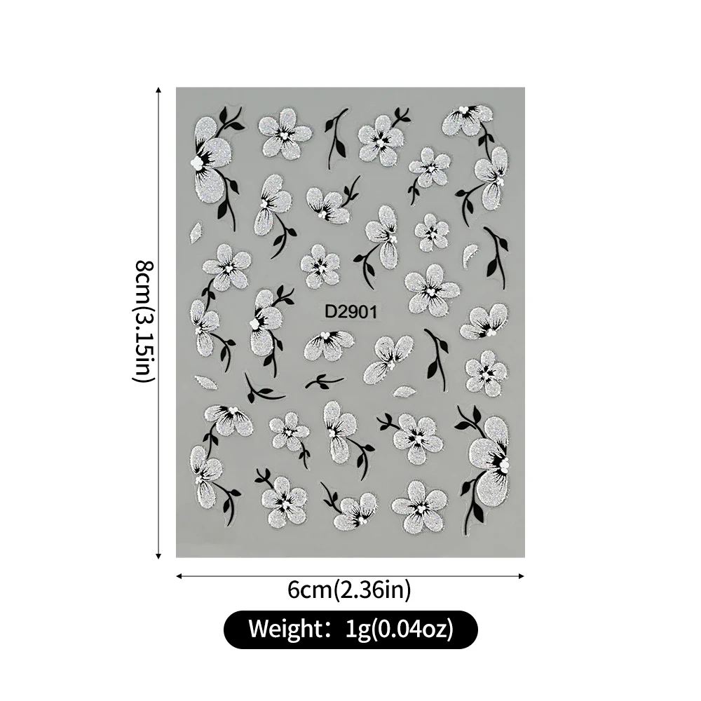 1Pcs 5D Glitter Silver Black Flowers&Belt Nail Art Stickers Spring Summer Floral Adhesive Transfer Decals DIY Manicure Sliders image 6