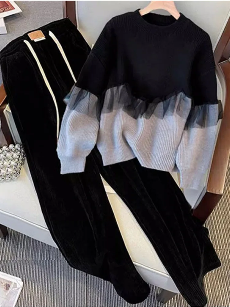 Women's Set 2024 Autumn/Winter New Slim Fit Fashion Age Reducing Knitted Sweater Wide Leg Pants Two Piece Set Trendy