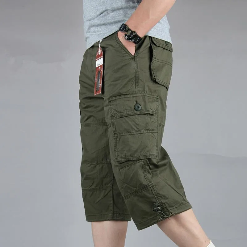 

Summer Long Length Cargo Shorts Cotton Multi Pocket Baggy Capri Hot Breeches Tactical Military Army Cropped Trousers JJ1549