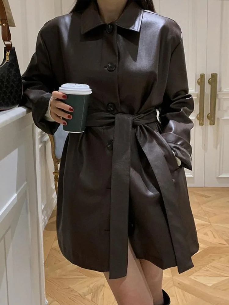 

Bla Leather Jaet Women's Spring 2025 New Mid-Length Slimming Long Sve Design Windbreaker Korean Sle Spring Autumn Wi...