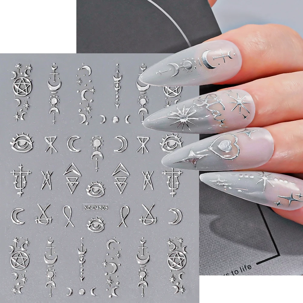 1 Uds. 3D plata Y2K estrella Luna sol pegatina artística para uñas luz de estrellas brillante pegatinas autoadhesivas geométricas para uñas DIY suministro de uñas de lujo