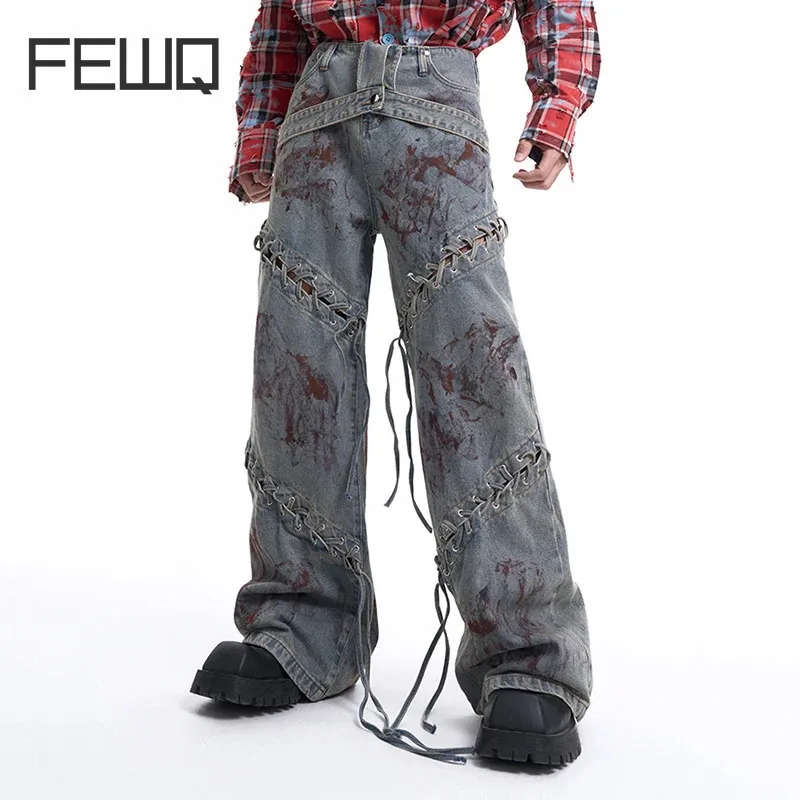 

FEWQ Men's Jeans Clothing Niche Design Worn Out Hollowed Out Tied 2024 Vintage Wide Leg Male Trousers Korea Fashion 24E2182