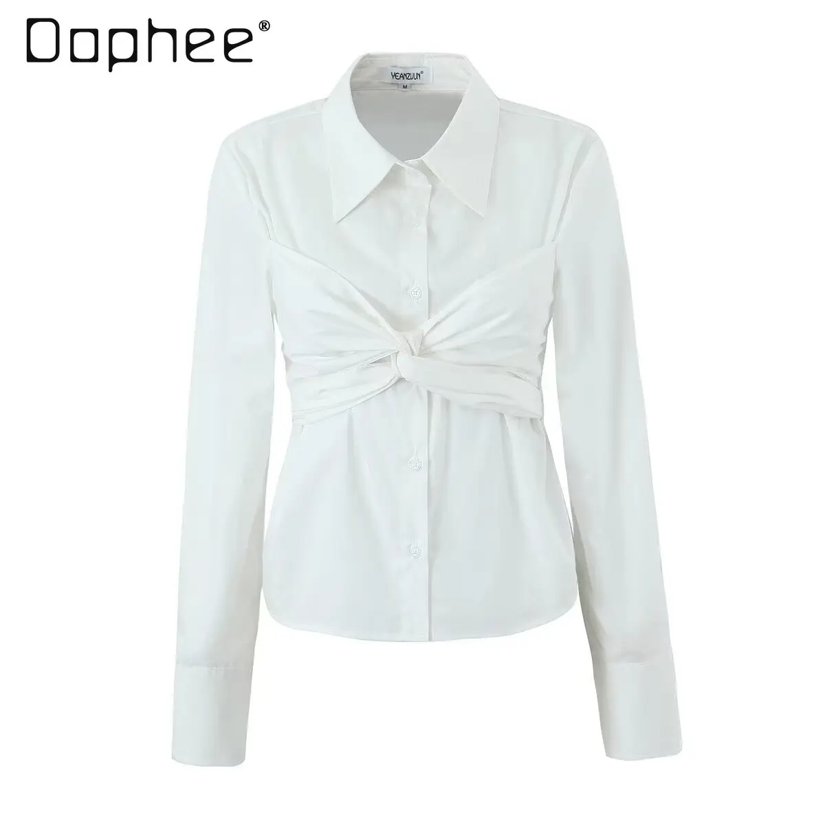 

Hot Girl White Shirt Female 2024 Spring New Eelgant Twist Tied Slim Fit Back Bow Single Breasted Lapel Long Sleeve Tops Ladies