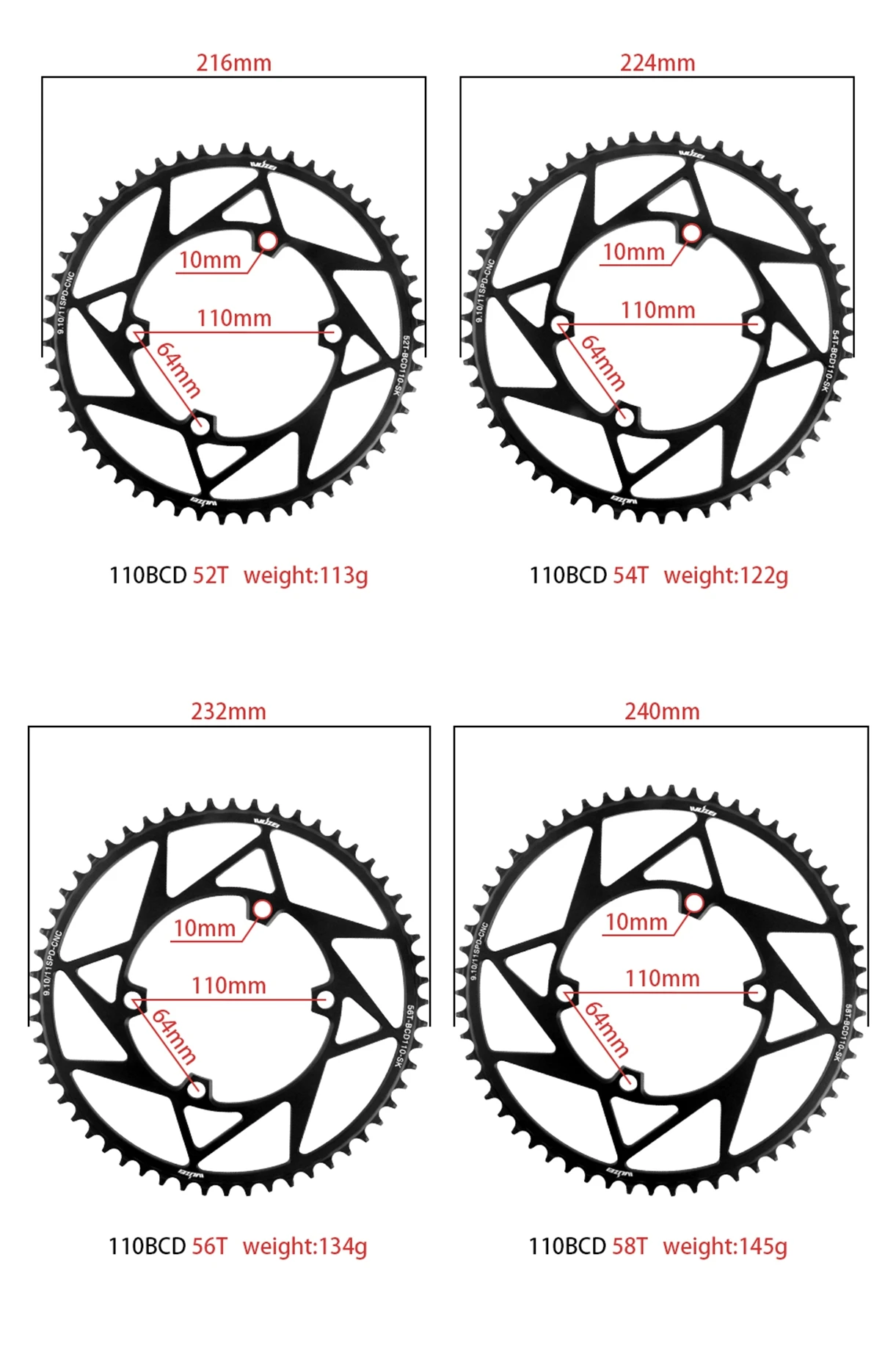 WUZEI Rennrad-Kettenblatt, 4 Schrauben, Kettenblatt, 110 BCD, Kettenrad, schmale breite Sterne, 110 BCD, Fahrradkrone für Shimano 105 R7000 R8000 – Detail 8